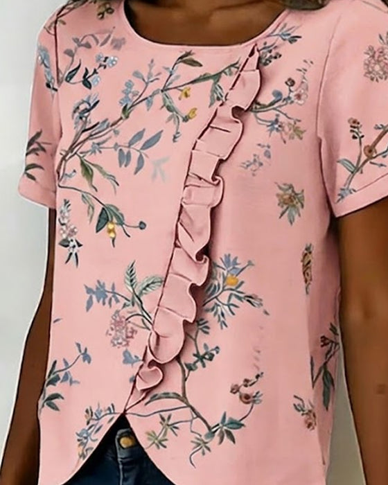 Bluse Rundhalset Kortsermet Rysje Blomstret
