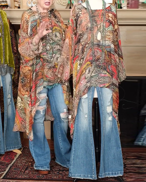 Bluse Løs Flaggermusermet Trykk