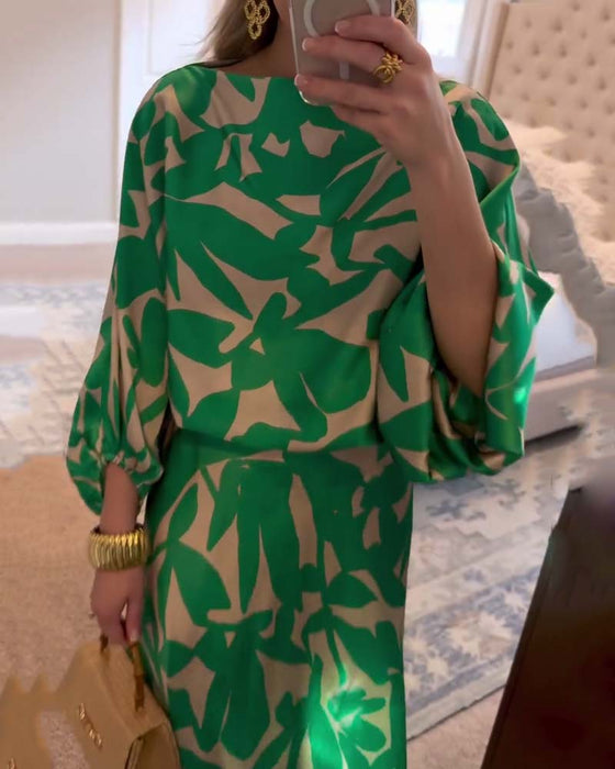 Sett Kjole Avslappet Trykt Lykt Ermer Temperament