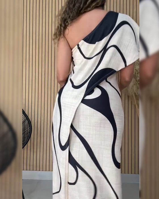 Kjole Rysj Off-Shoulder Geometrisk Trykk Mote