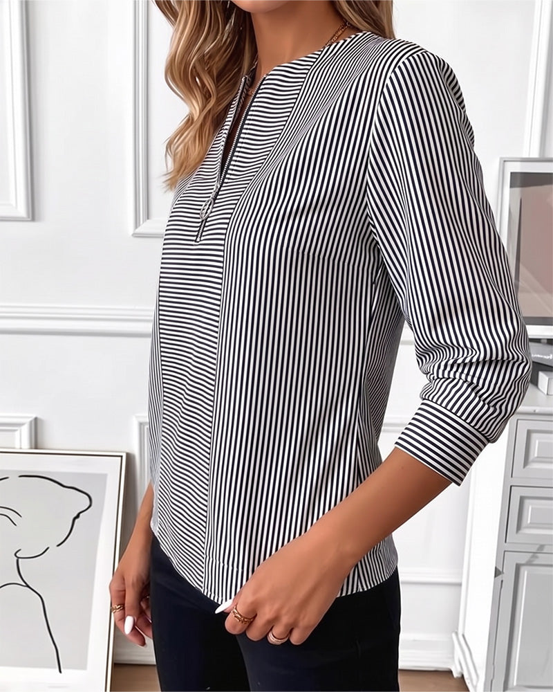 Bluse Stripet Patchwork Glidelås Opp