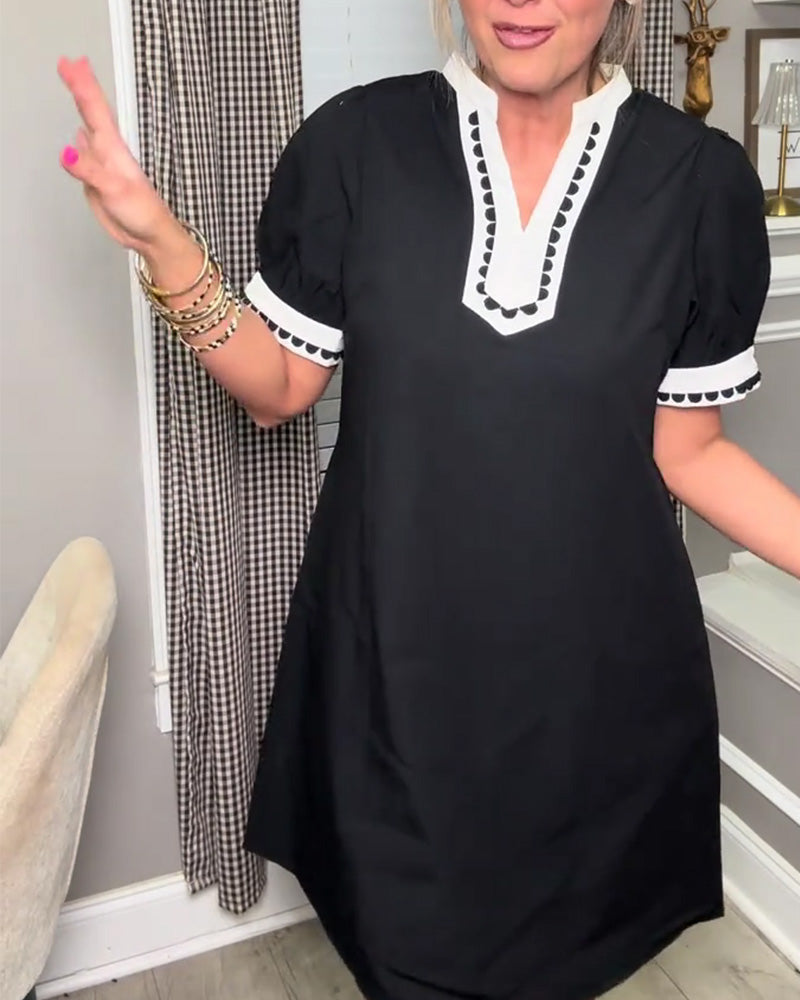 Kjole Boble Erme Fargeblokk V-Hals