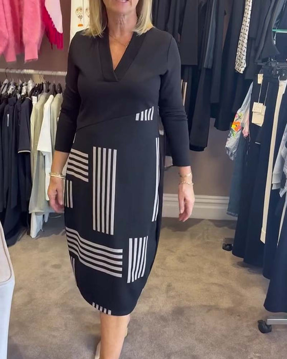 Kjole Geometrisk Stripe V-Hals Bodycon Midi