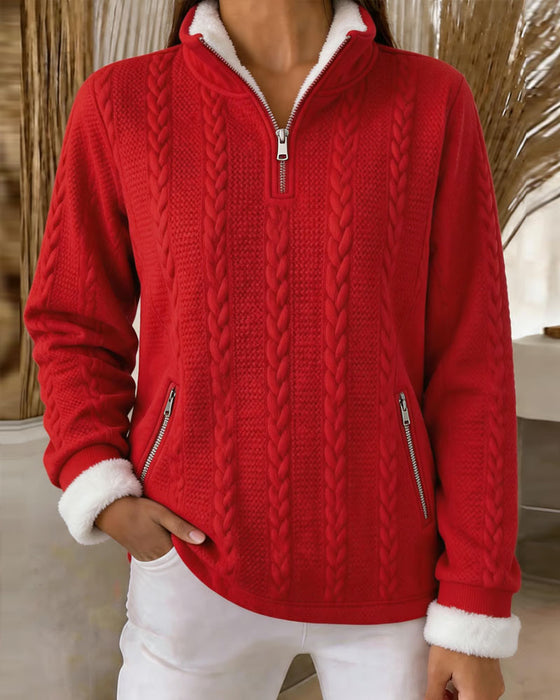Sweatshirt Flettestrikk Fleeceforet Halv Glidelås