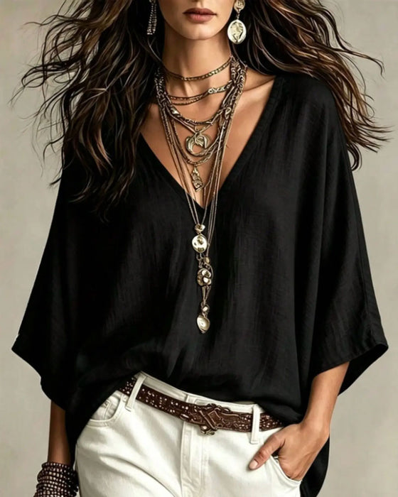 Blouse V-Hals Trekvart Erme Løs