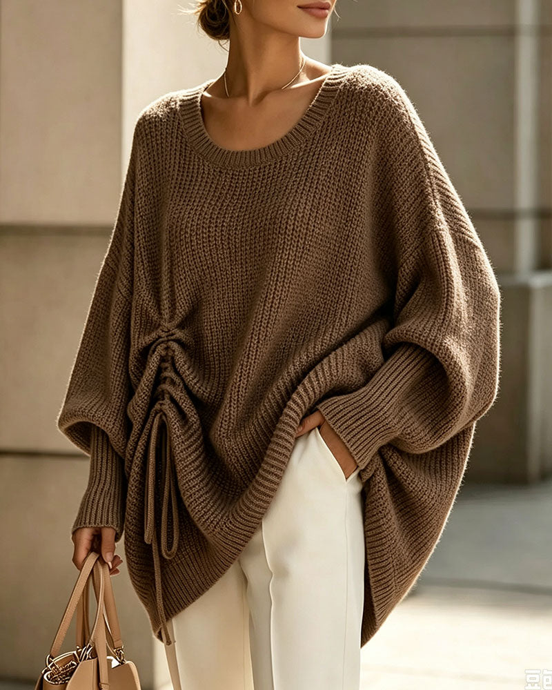 Pullover Rund Hals Snor Avslappet Solid Strikket