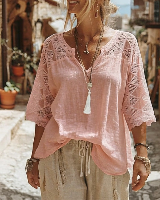 Bluse Ensfarget Panel V-Hals