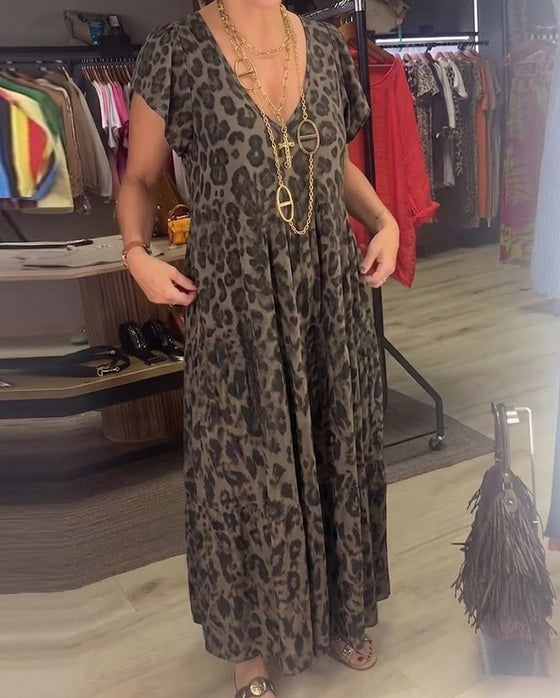 Kjole V-Hals Leopard Kort Erme