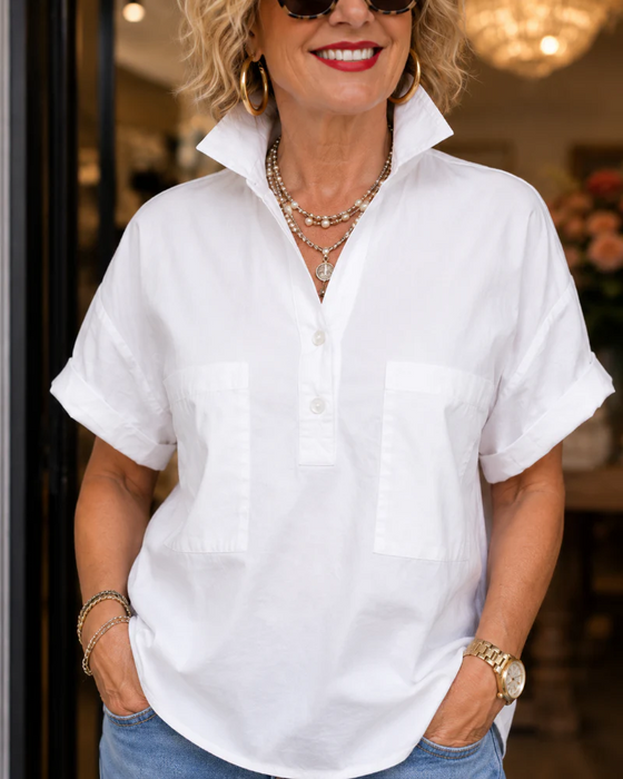 Bluse Lomme Knapp V-Hals Avslappet