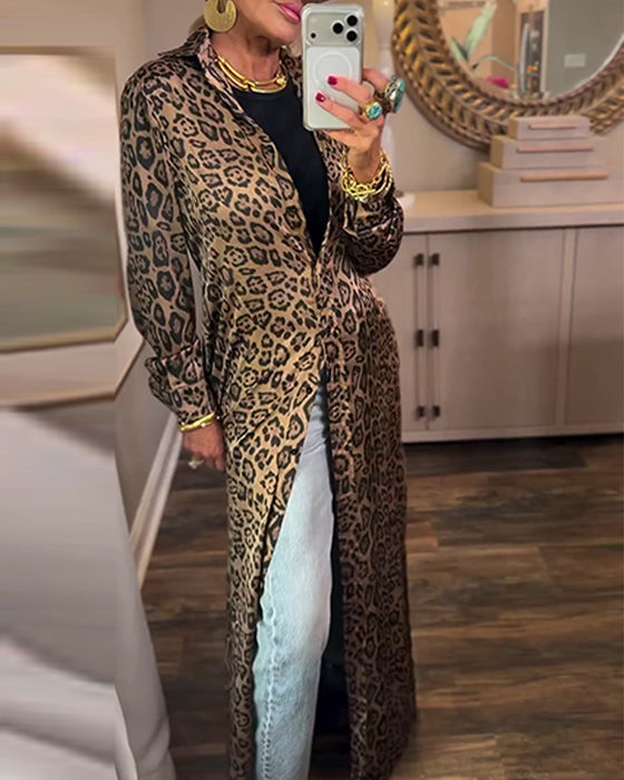 Kjole Leopard Trykk Splitt Lang Erme