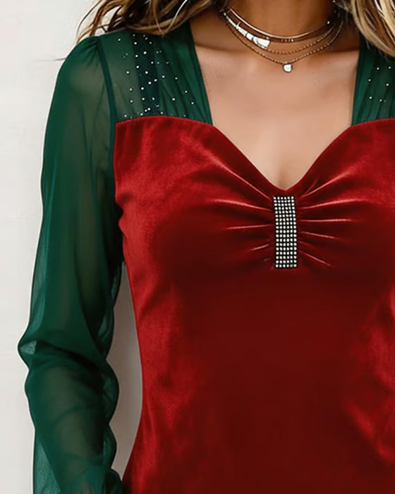 Bluse V-Hals Rynket Nett Fargeblokk Slim Passform