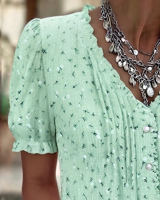 Bluse Pufferme Blomstret Trykk Kortermet