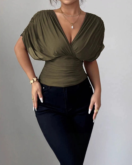 Bluse Solid Farge Dyp V-Hals Midje Kort Erme