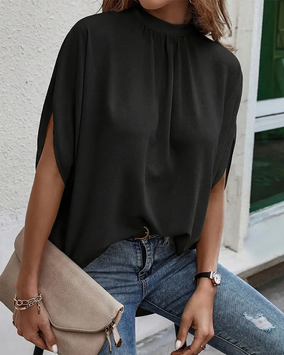 Bluse Mock Neck Plissert Tre Kvarter Erme Solid