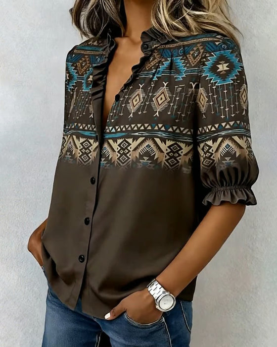 Blus Western Stil Printed Volang Korte Ærmer