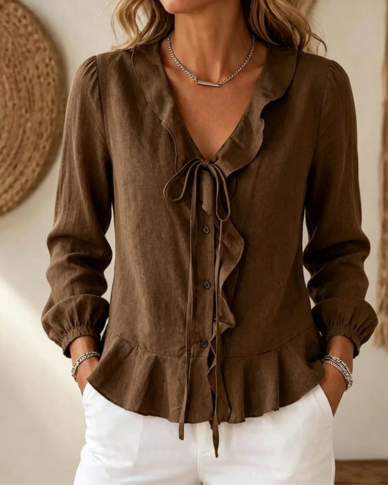Bluse V-Hals Ruffle Slips Lang Erme