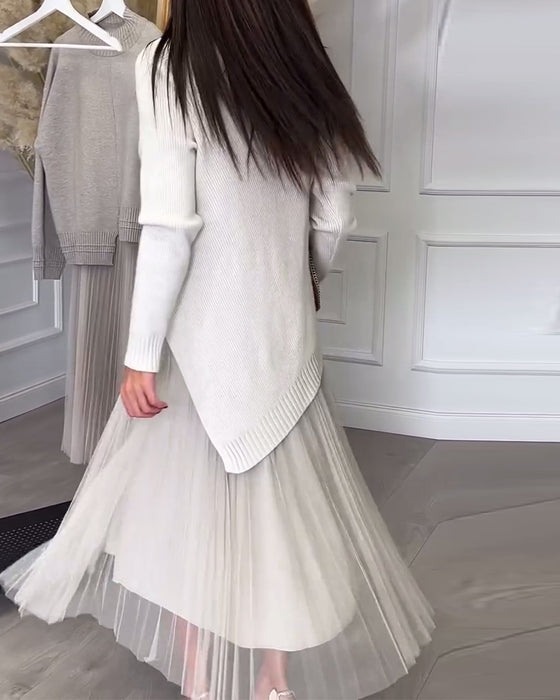 To-Delt Sett Med Genser Og Skjørt I Rund Hals Og Uregelmessig Design