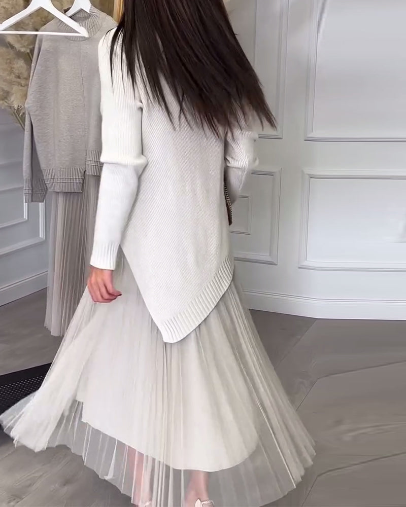 To-Delt Sett Med Genser Og Skjørt I Rund Hals Og Uregelmessig Design