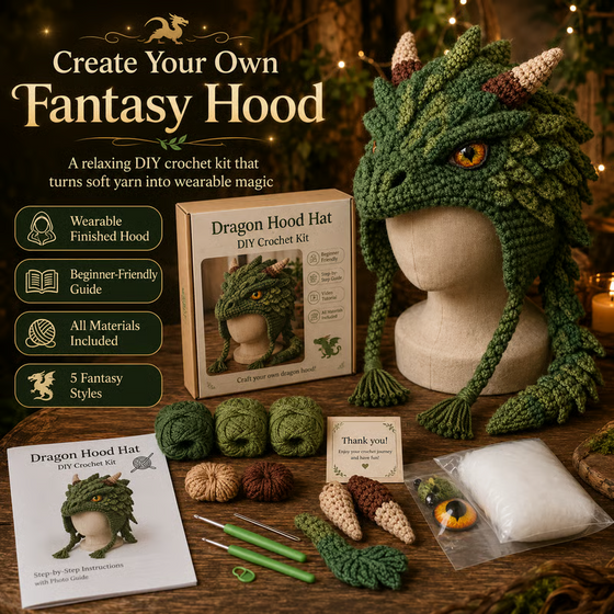 🐉✨ DIY hekle sett: Fantasi hettehatt 🧶🎭✨