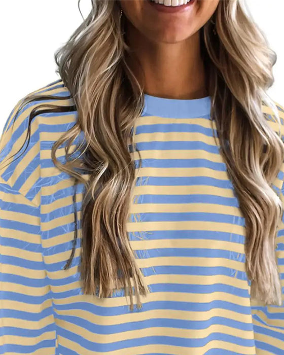 Bluse Rund Hals Drop Skulder Stripe Utskjæring