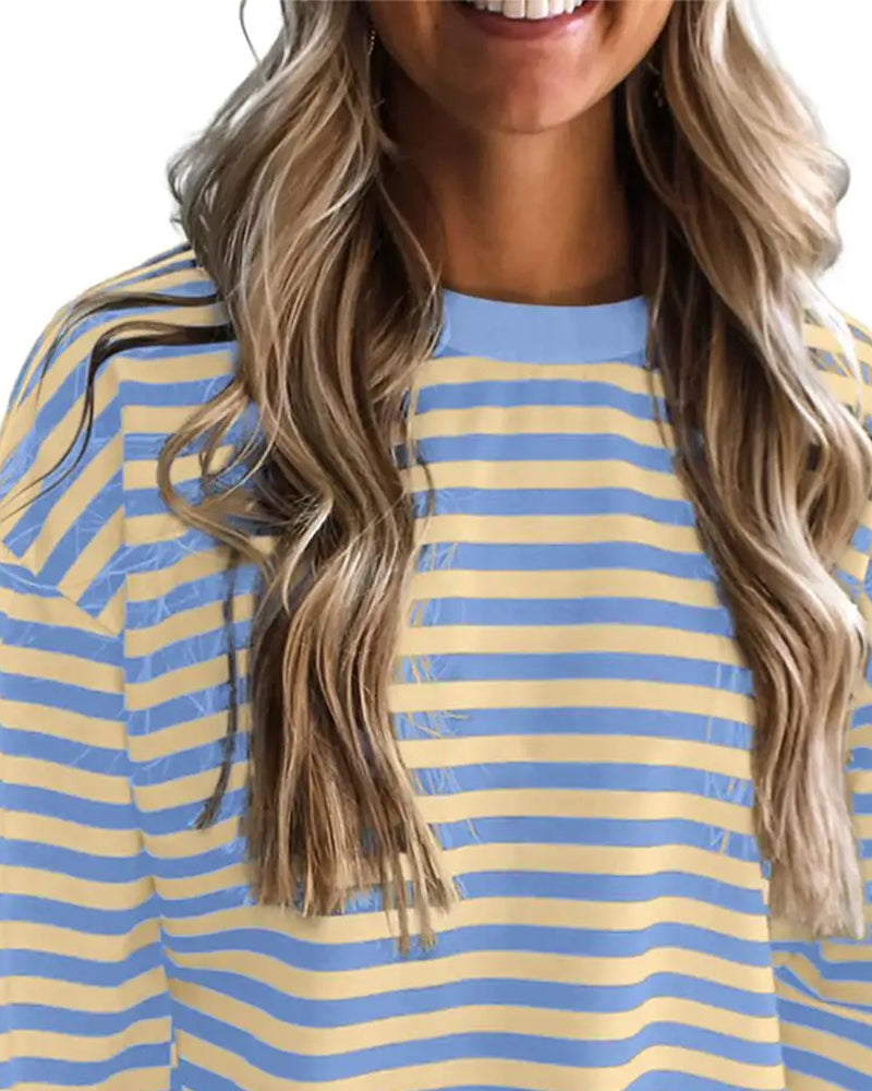 Bluse Rund Hals Drop Skulder Stripe Utskjæring
