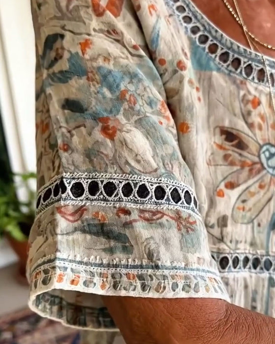 Topp Gjennombrutt Rund Hals Trykt