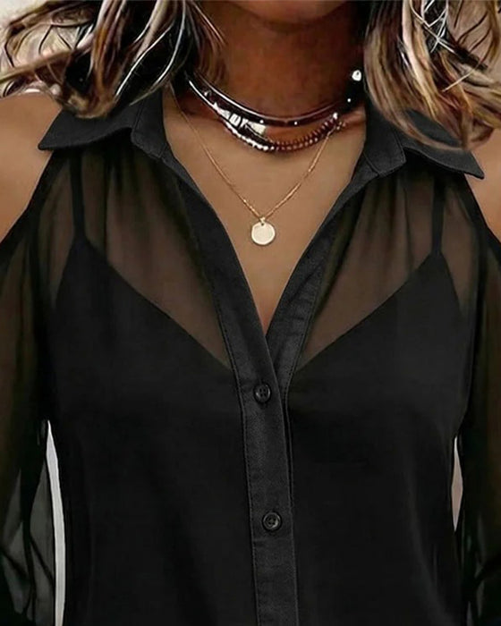 To Deler Set Krage Naken Skulder Gjennomsiktig Bluse Linne