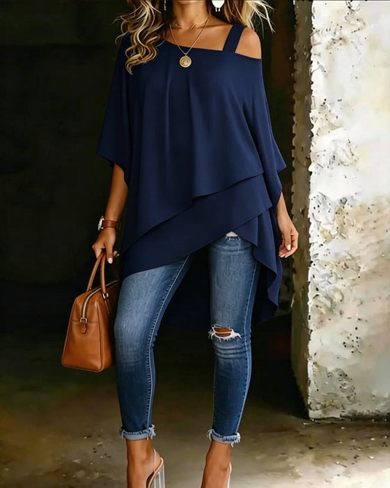 Bluse Asymmetrisk Cold Shoulder Ensfarget Avslappet