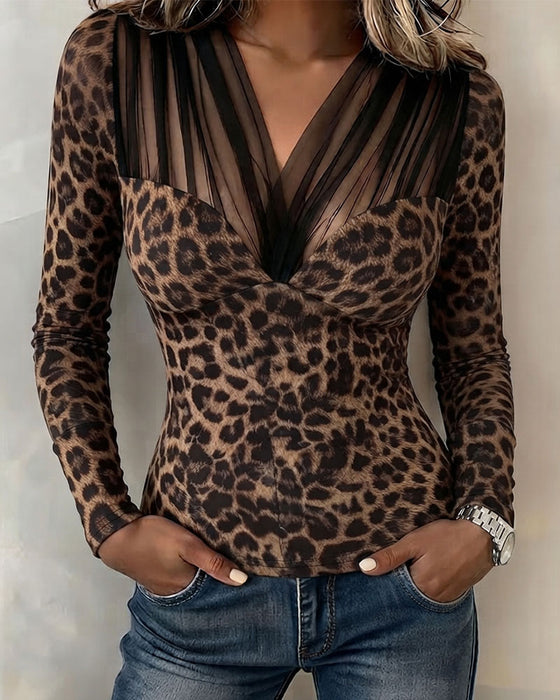 Topp Sheer V-Hals Leopard
