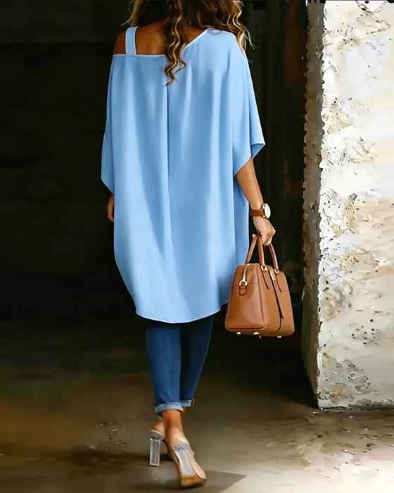 Bluse Asymmetrisk Cold Shoulder Ensfarget Avslappet