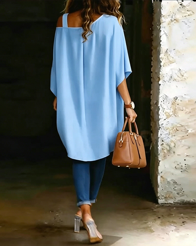 Bluse Asymmetrisk Cold Shoulder Ensfarget Avslappet