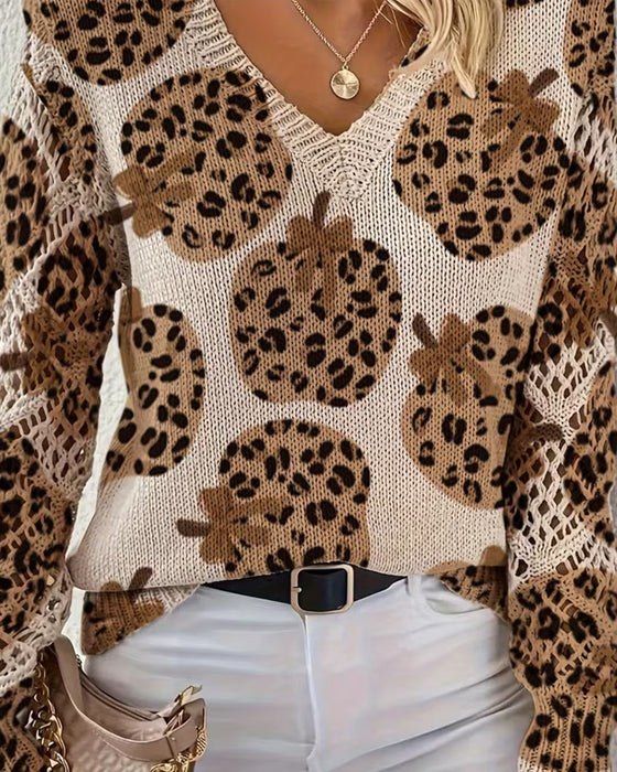 Pullover Leopard Gresskar V-Hals Uthuling