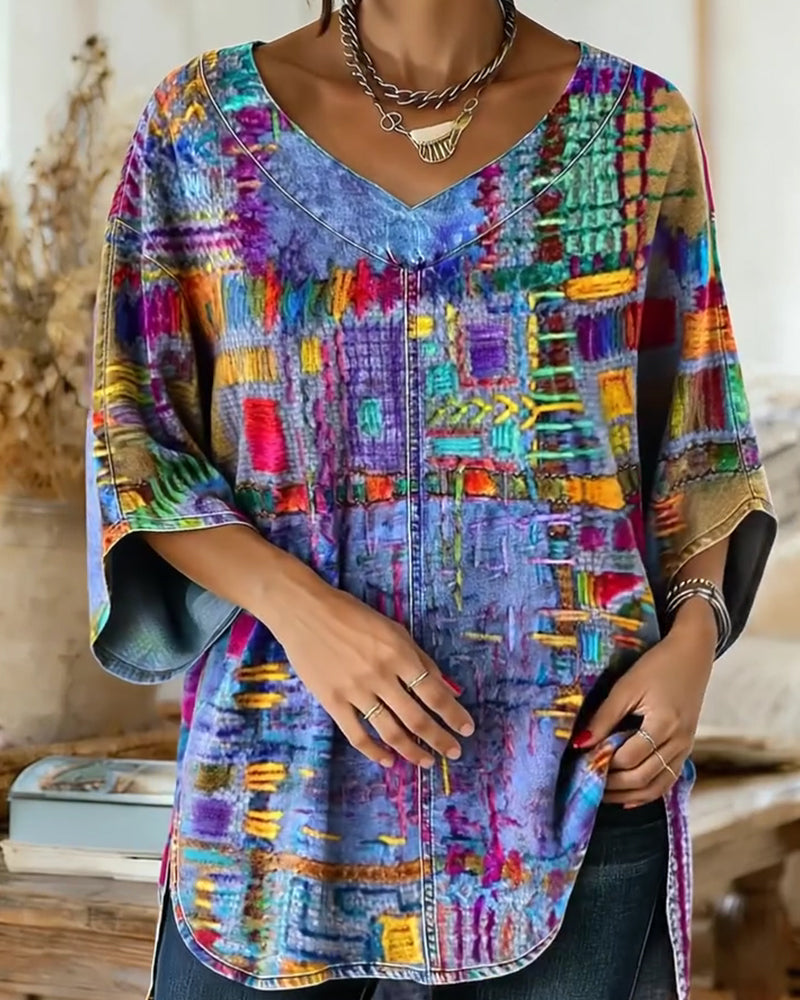 Bluse Med Fargerikt Geometrisk Print Og Vide Ermer