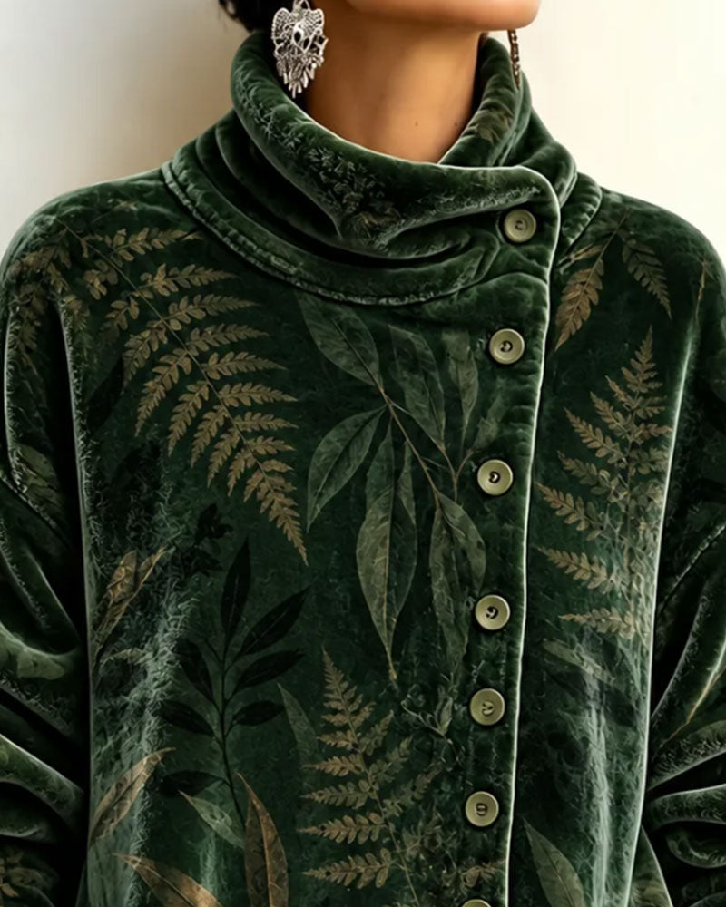 Topp Turtleneck Knapp Blad Trykk