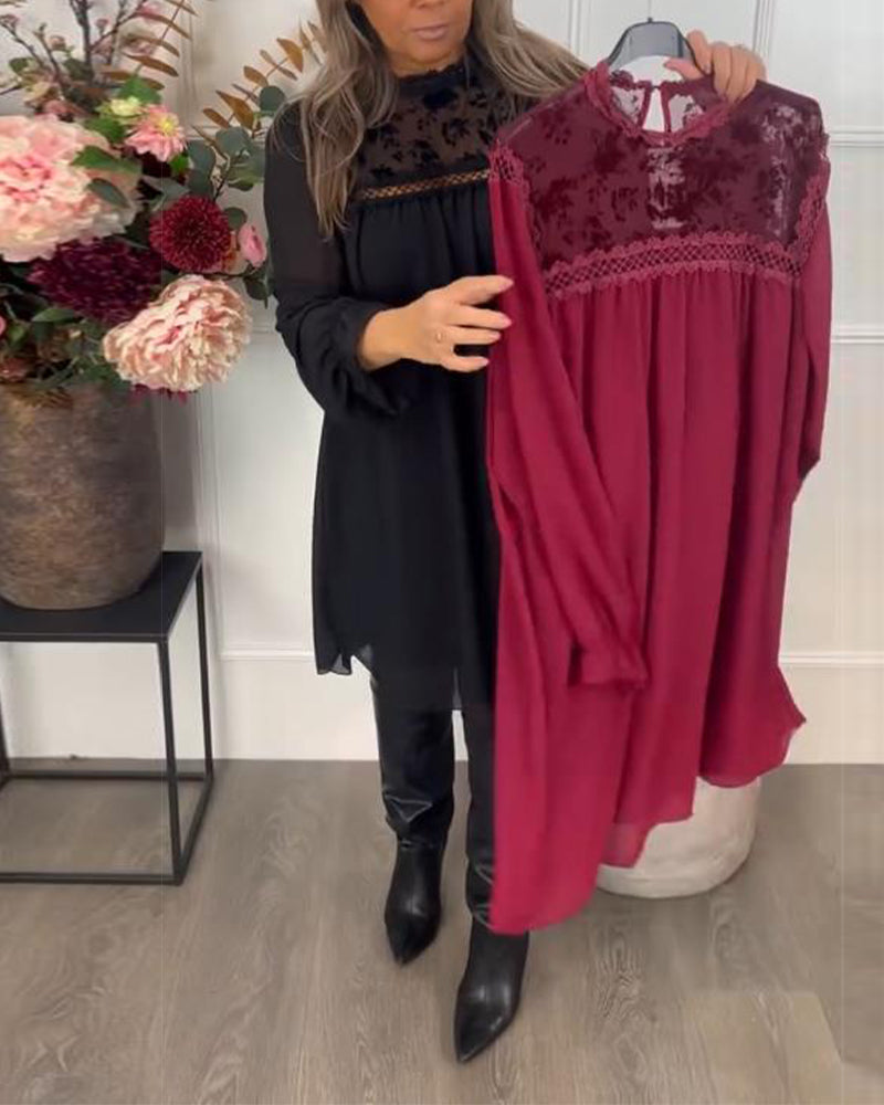 Klänning Med Spets Utsnitt Detalj, Puffærme Design Og Elegant Aura