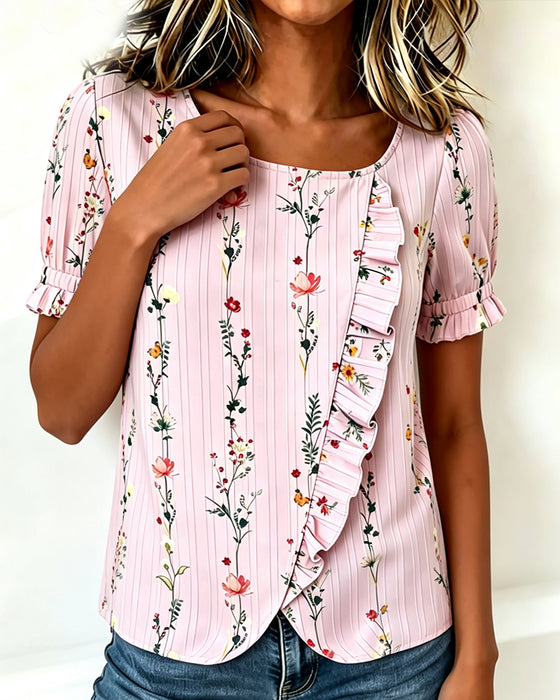Bluse Ruffle Blomstertrykk Pufferme