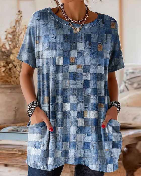 T-Skjorte Farget Rute Trykk Kort Ermet