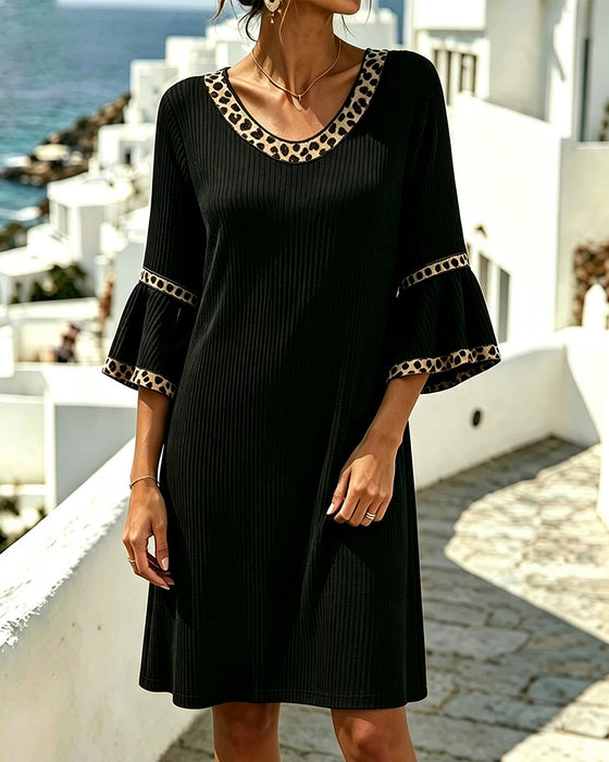 Kjole Flare Erme Ribbet Leopard