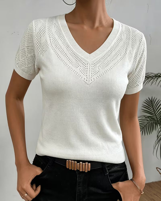 Pullovers Med V-Hals, Hulmønster, Ensfargede, Figurtilpassede