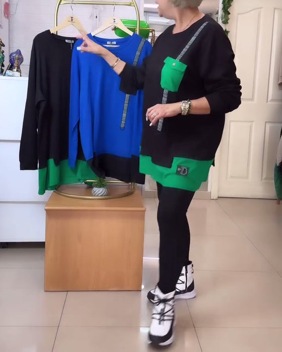 Sweatshirt uformell rundhalslomme kontrastfarge