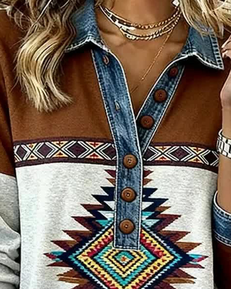 Trykt Fargeblokkert Genser Med Knappkrage