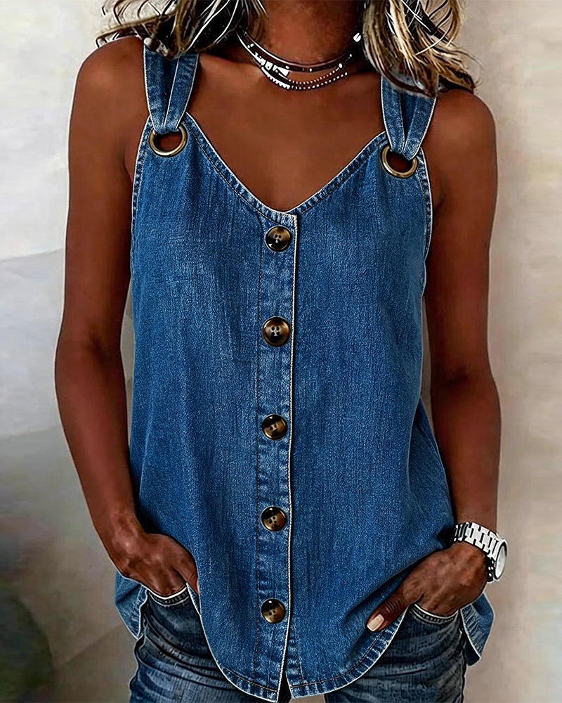 Tank Top Metallspenne V-Hals Denim
