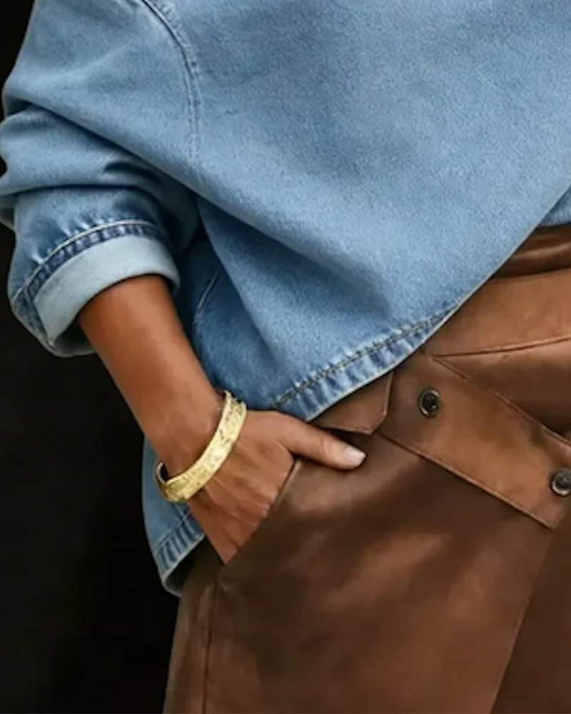 Topp Off-Skulder Løs Denim Lang Erme