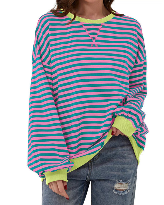 T-Shirt Stripet Rund Hals Fargeblokk