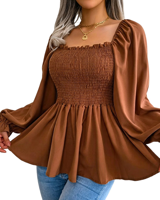 Bluse Ruffle Firkantet Hals Lang Erme