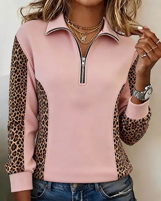 Sweatshirt Leopardmønster Halv-Zip Jakkeslag