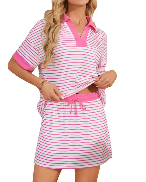 Set Kontrast Stripe Polo Kort Erme Skjørt