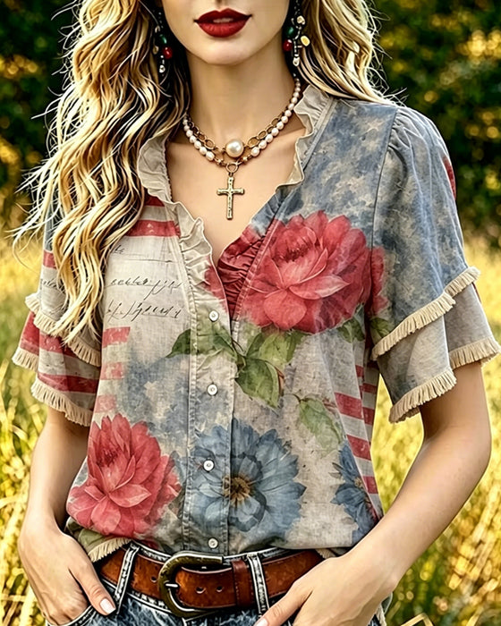 Blomstret Bluse Med Volangkant