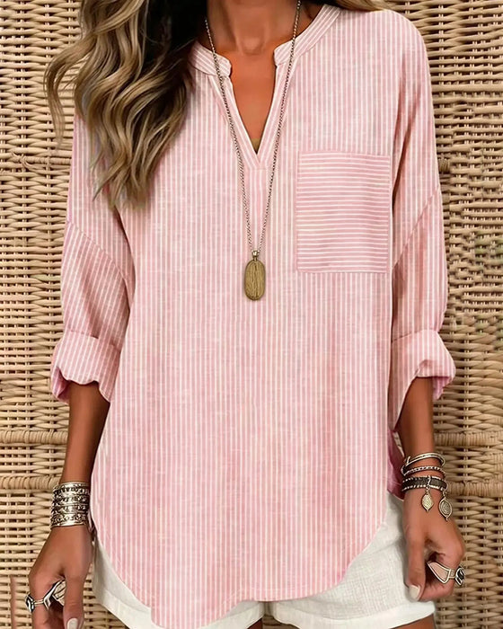 Topp V-Hals Stripe Uregelmessig Lang Erme