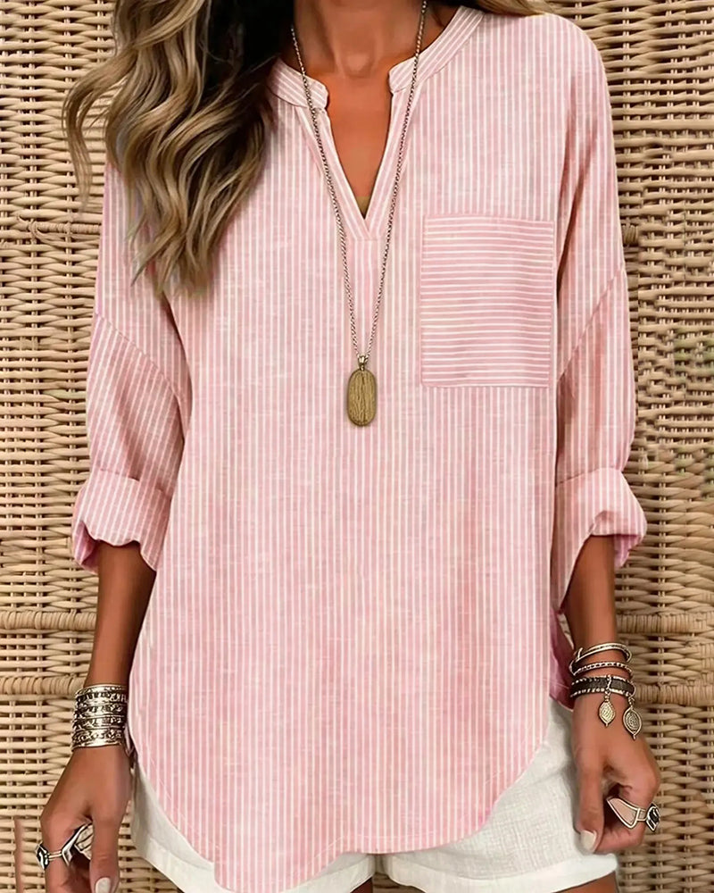 Topp V-Hals Stripe Uregelmessig Lang Erme